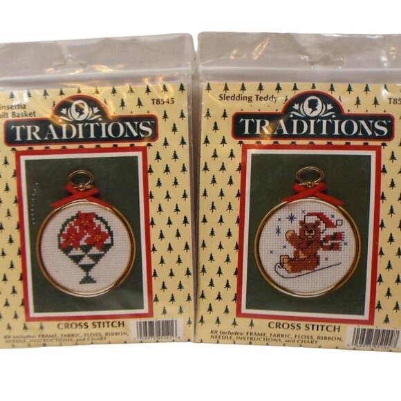 Traditions Counted Cross Stitch Kits –2 Pack- SLEDDING TEDDY & POINSETTA Set - Picture 1 of 11